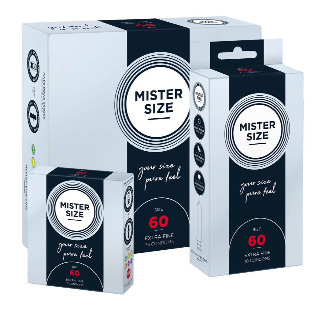 Τρεις διαφορετικές συσκευασίες προφυλακτικών Mister Size σε μέγεθος 60